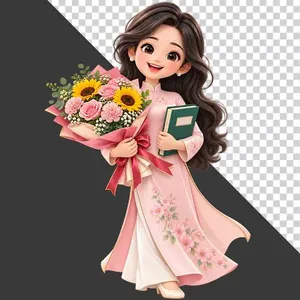 Cô giáo áo dài hồng cầm hoa và sách tri ân 20 tháng 11 - PNG