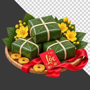 Mẹt bánh chưng ba chiếc hoa mai bao lì xì Lộc tiền cổ và ruy băng đỏ - File PNG