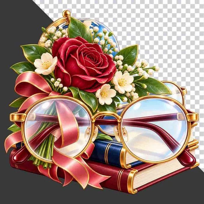 File PNG - Chồng sách kính mắt hoa hồng đỏ quả địa cầu tri ân thầy cô   