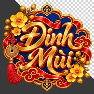 File PNG - Huy hiệu chữ Đinh Mùi 3D nền xanh hoa mai vàng và đồng tiền may mắn ngày Tết   
