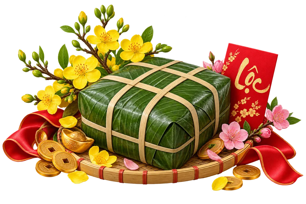 Mẹt bánh chưng hoa mai hoa đào bao lì xì Lộc tiền cổ và pháo đỏ - File PNG