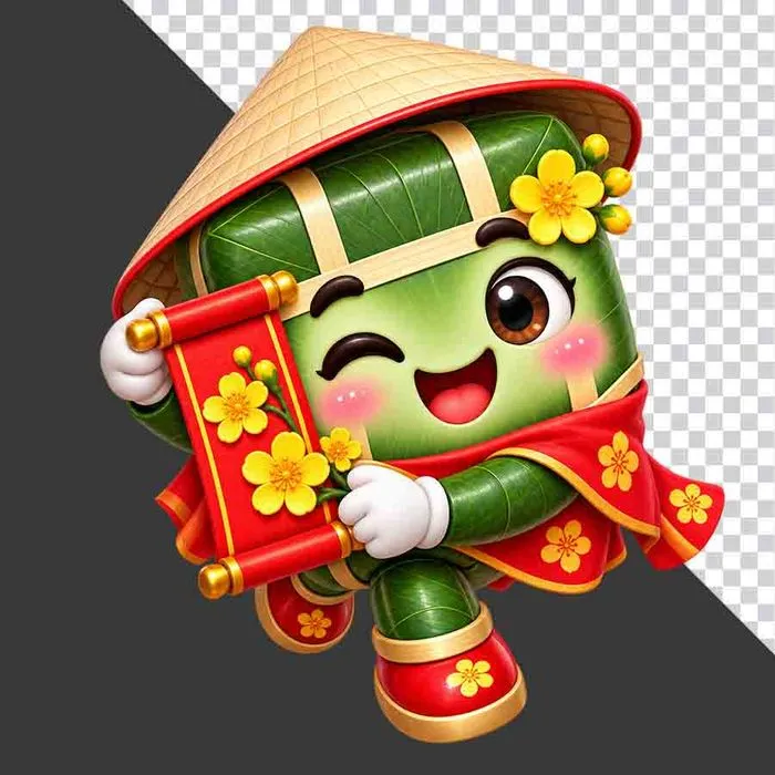 File PNG - Bánh chưng đội nón lá cầm cuốn thư câu đối đỏ hoa mai