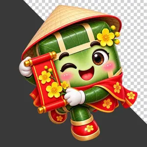 File PNG - Bánh chưng đội nón lá cầm cuốn thư câu đối đỏ hoa mai