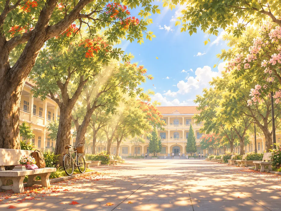File JPG - Sân trường nắng mai cây xanh xe đạp ghế đá