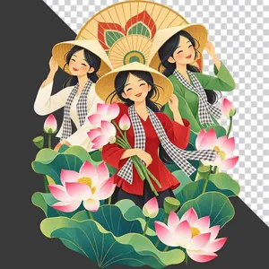 File PNG - Ba thiếu nữ mặc áo bà ba đội nón lá ôm hoa sen bên đầm sen hồng   