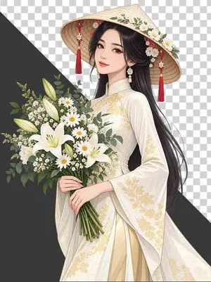 Thiếu nữ mặc cổ phục trắng đội nón lá ôm bó hoa loa kèn và cúc trắng - PNG