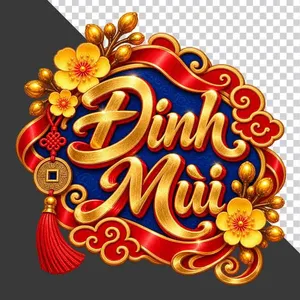 File PNG - Huy hiệu chữ Đinh Mùi 3D nền xanh hoa mai và đồng tiền vàng ngày Tết