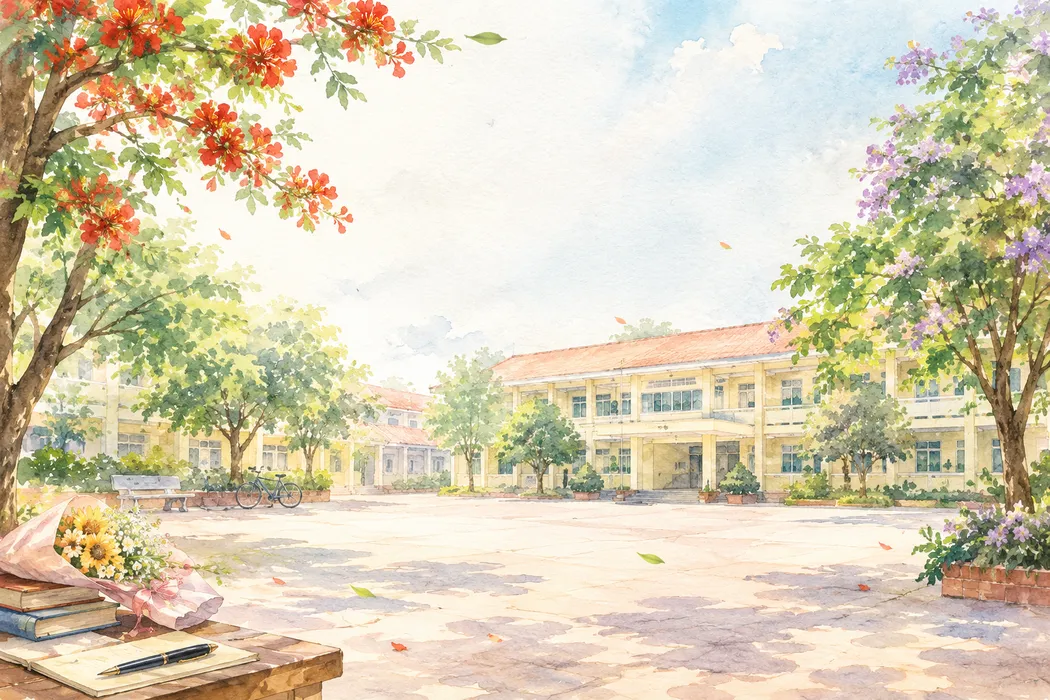 File JPG - Sân trường màu nước hoa phượng hoa bằng lăng
