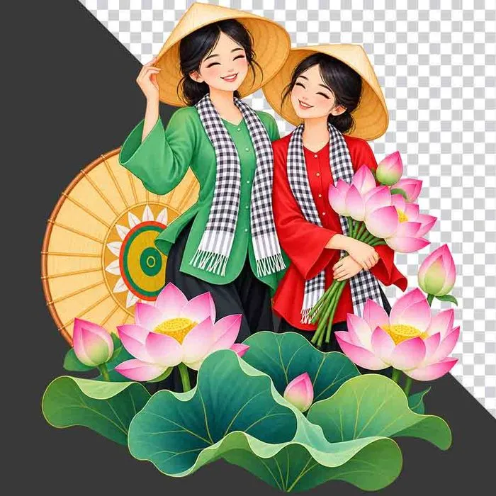 Hai thiếu nữ mặc áo bà ba xanh đỏ khăn rằn đội nón lá ôm hoa sen - PNG