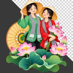 Hai thiếu nữ mặc áo bà ba xanh đỏ khăn rằn đội nón lá ôm hoa sen - PNG