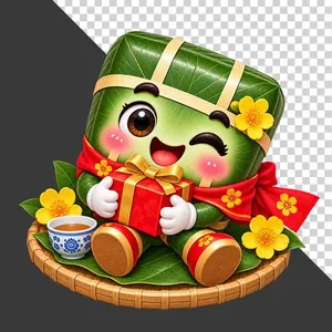Bánh chưng ngồi mâm tre ôm hộp quà hoa mai chén trà - File PNG
