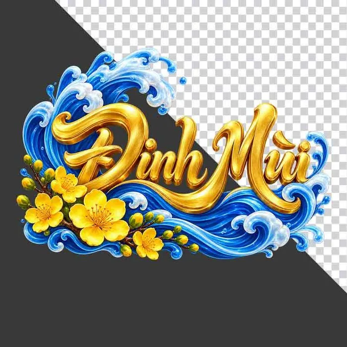 Chữ Đinh Mùi 3D sóng nước xanh hoa mai vàng ngày Tết - File PNG