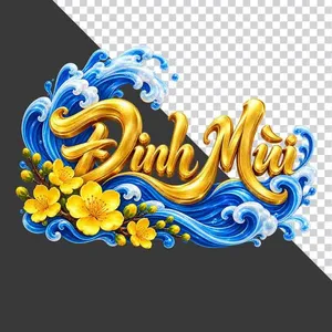 Chữ Đinh Mùi 3D sóng nước xanh hoa mai vàng ngày Tết - File PNG