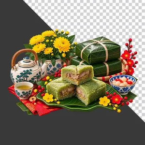 Mẹt bánh chưng đôi cắt miếng hoa cúc vàng ấm chén và dưa hành ngày Tết - File PNG