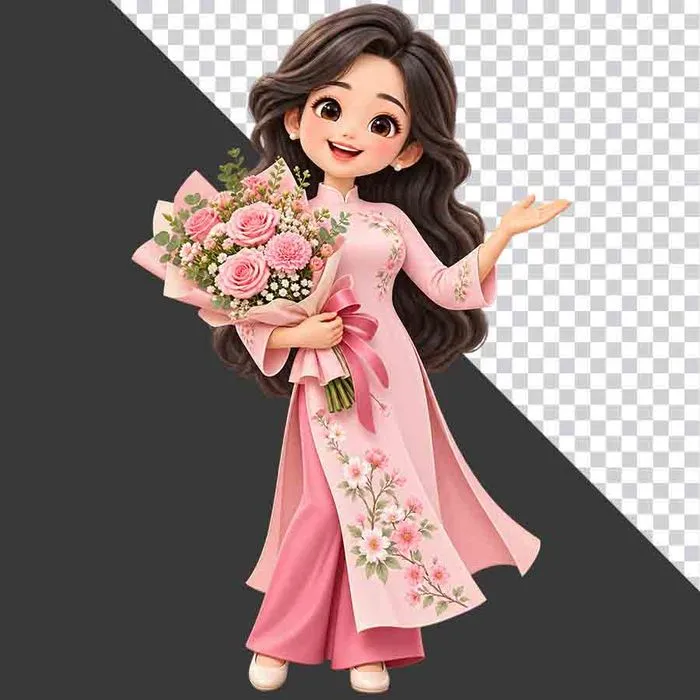 Cô giáo áo dài hồng cầm hoa hồng tri ân 20 tháng 11 - PNG