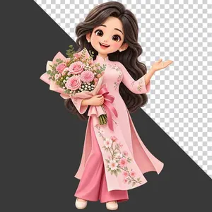 Cô giáo áo dài hồng cầm hoa hồng tri ân 20 tháng 11 - PNG