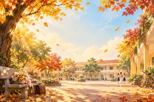 Sân trường mùa thu lá vàng học sinh áo dài - File JPG