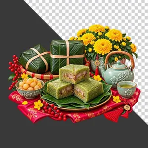 Mâm cỗ Tết bánh chưng cắt miếng hoa cúc vàng ấm chén sứ xanh và mứt Tết truyền thống - File PNG