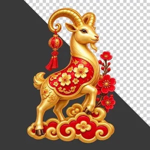 Tượng dê vàng áo choàng đỏ lồng đèn hoa đào - File PNG