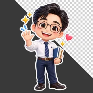 File PNG - Thầy giáo hoạt hình đeo kính giơ tay chào thân thiện và cầm sách 20 tháng 11