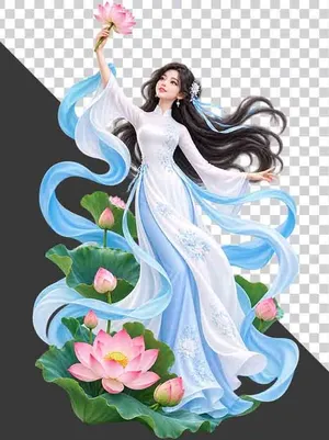File PNG - Thiếu nữ mặc áo dài trắng xanh giơ cao hoa sen dải lụa bay