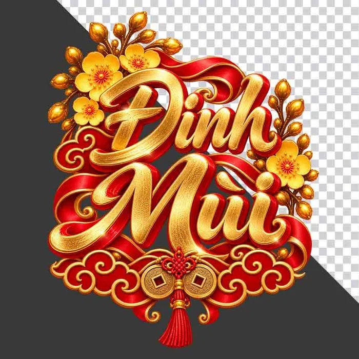 File PNG - Chữ Đinh Mùi 3D dọc phong cách thư pháp vàng kim lụa đỏ hoa mai đồng tiền ngày Tết