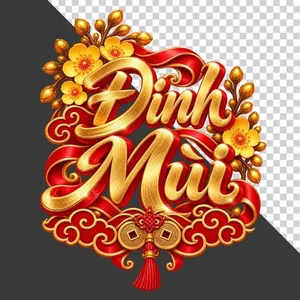 File PNG - Chữ Đinh Mùi 3D dọc phong cách thư pháp vàng kim lụa đỏ hoa mai đồng tiền ngày Tết
