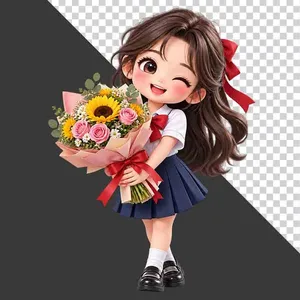 File PNG - Nữ sinh mặc đồng phục cầm bó hoa hướng dương tri ân 20 tháng 11