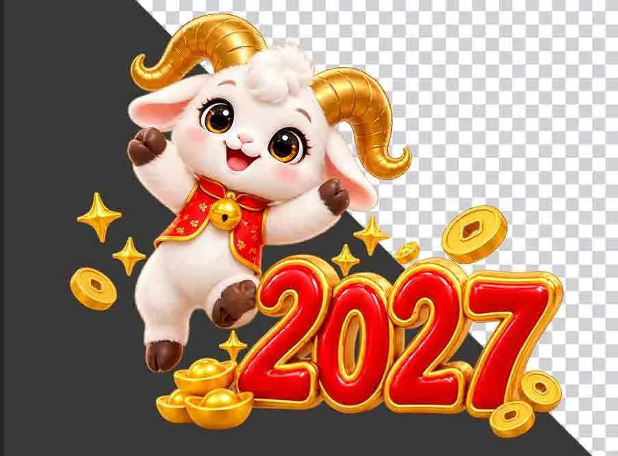 Hình ảnh chú dê hoạt hình dễ thương mặc áo đỏ nhảy múa cùng chữ số 2027 đỏ vàng - File PNG