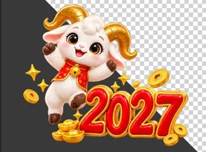 Hình ảnh chú dê hoạt hình dễ thương mặc áo đỏ nhảy múa cùng chữ số 2027 đỏ vàng - File PNG