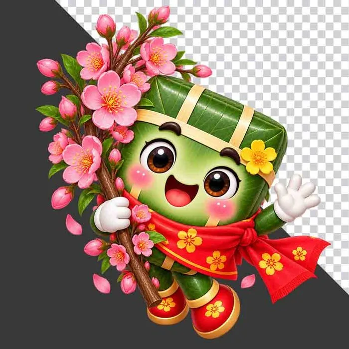 Bánh chưng ôm cành hoa đào phớt hồng rực rỡ đón xuânn - File PNG
