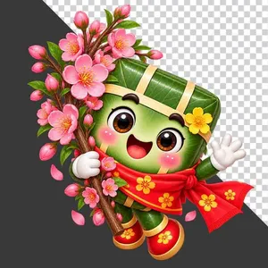 Bánh chưng ôm cành hoa đào phớt hồng rực rỡ đón xuânn - File PNG