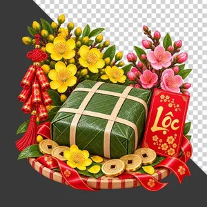 File PNG - Mẹt bánh chưng hoa mai hoa đào bao lì xì Lộc tiền cổ và pháo đỏ