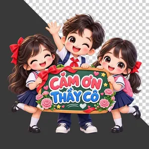 Ba học sinh hoạt hình cầm bảng đen Cảm Ơn Thầy Cô chào mừng 20/11 - PNG