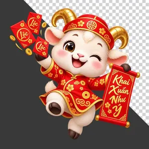 File PNG - Chú dê đỏ nháy mắt tung lì xì cầm cuộn thư Khai Xuân Như Ý