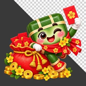 File PNG - Bánh chưng giơ bao lì xì đỏ bên túi tiền vàng và hoa mai ngày Tết   