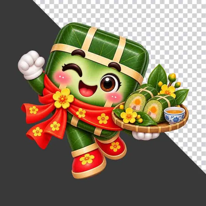 File PNG - Bánh chưng nhảy múa bưng mâm bánh chưng cắt lát chén trà hoa mai