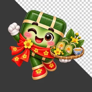 File PNG - Bánh chưng nhảy múa bưng mâm bánh chưng cắt lát chén trà hoa mai