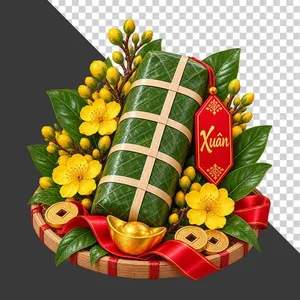 File PNG - Mẹt bánh tét chữ Xuân hoa mai thỏi vàng và tiền vàng tài lộc