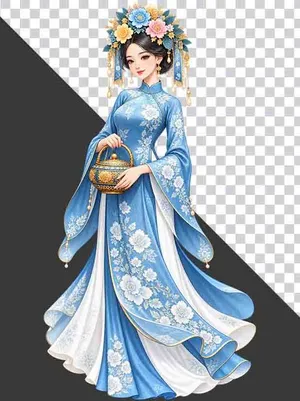 Thiếu nữ mặc cổ phục xanh dương bưng ấm trà - PNG
