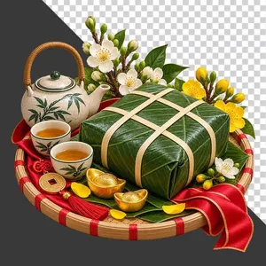 Mẹt bánh chưng bộ ấm chén vẽ trúc hoa mai thỏi vàng và tiền vàng tài lộc - File PNG