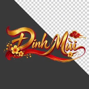 File PNG - Chữ Đinh Mùi 3D ngang dải lụa hoa mai vàng mây đỏ ngày Tết   