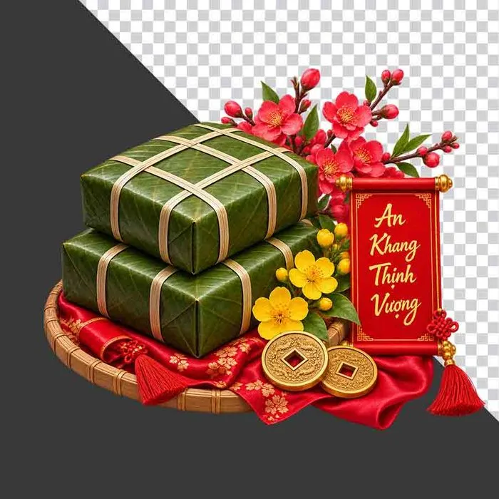File PNG - Mẹt bánh chưng chồng đôi hoa đào cuộn thư An Khang Thịnh Vượng và tiền cổ