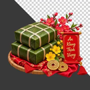 File PNG - Mẹt bánh chưng chồng đôi hoa đào cuộn thư An Khang Thịnh Vượng và tiền cổ