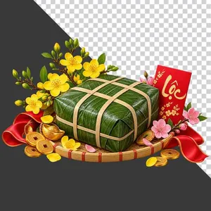 File PNG - Mẹt bánh chưng hoa mai hoa đào bao lì xì Lộc thỏi vàng và tiền cổ