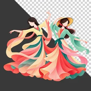 File PNG - Hai thiếu nữ múa nghệ thuật đội nón lá trang phục đỏ vàng dải lụa bay   