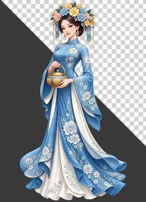 Thiếu nữ mặc cổ phục xanh dương bưng ấm trà - File PNG
