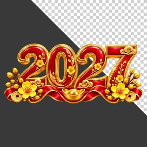 Chữ số 2027 đỏ vàng trang trí hoa mai - File PNG