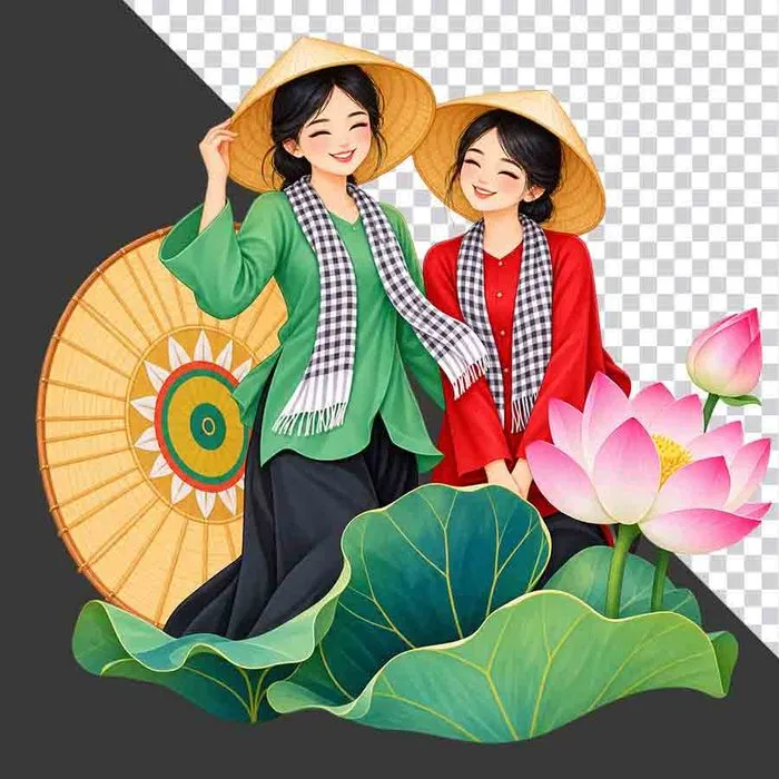 File PNG - Hai thiếu nữ mặc áo bà ba xanh đỏ khăn rằn đội nón lá bên đầm sen hồng
