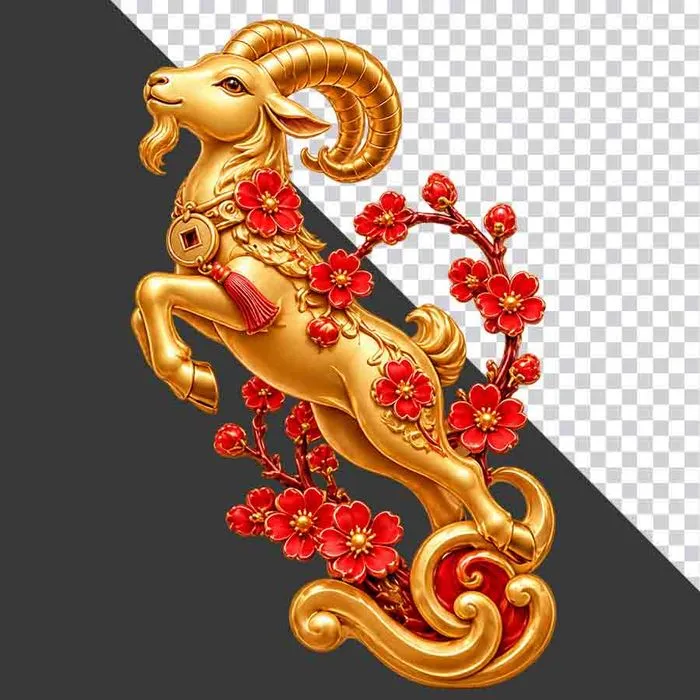 Tượng dê vàng phi nước đại bên hoa đào đỏ - File PNG